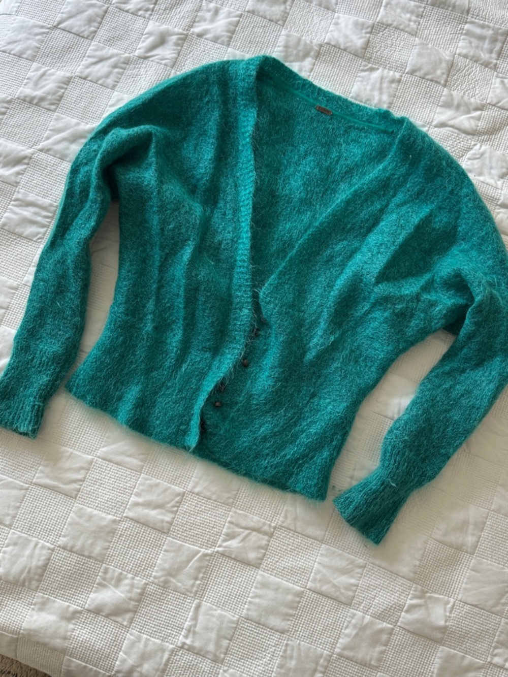 Free People Teal Fuzzy V-Neck Button Cardigan